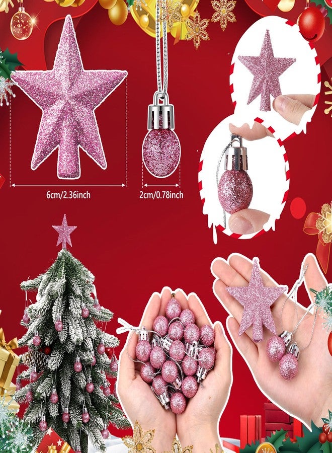 RoundFunny 25 Pcs Mini Christmas Ornaments Set 0.79 Inch Glitter Christmas Ball Tree Topper Star Hanging Ornaments for Party Decoration(Pink) - Image 2